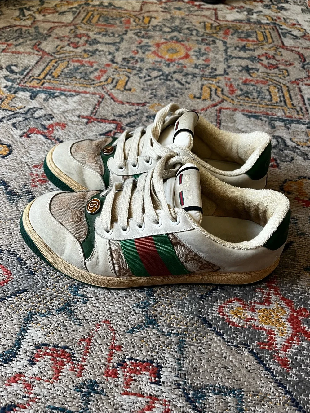Gucci Cream and Green Leather Logo Sneakers Size 41 Sneakers GG Monogram
